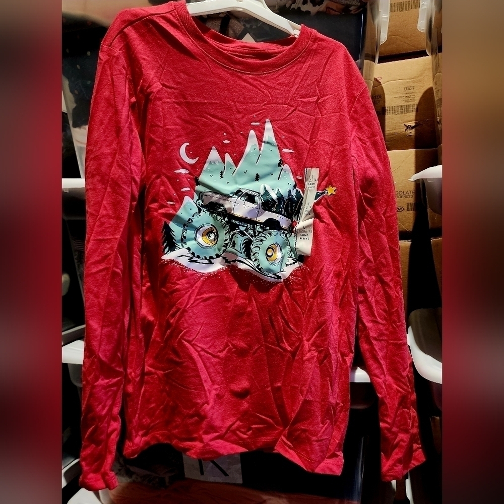 Cat & Jack Monster Truck Christmas Tree Long Sleeve Tee T-hirt Boy's Large 12-14